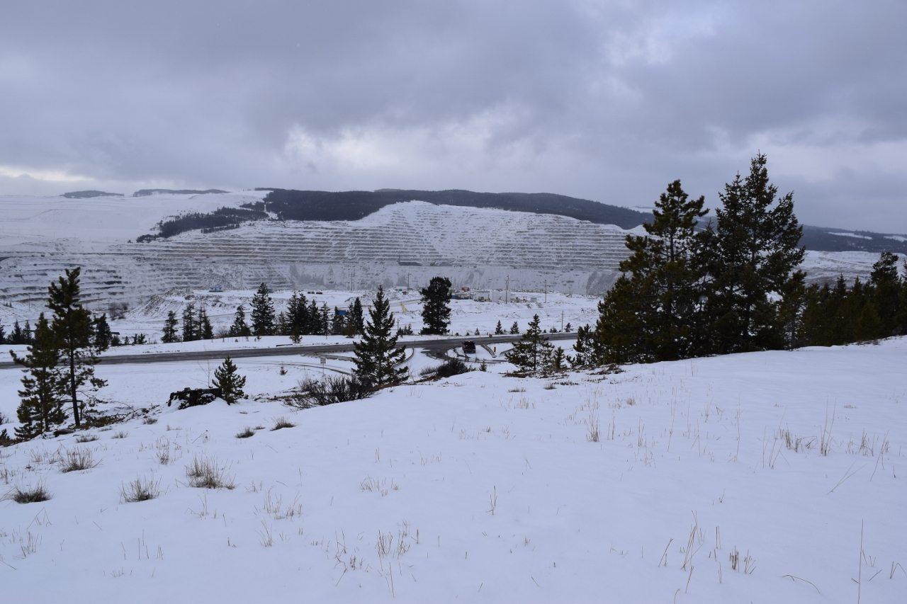 The snow-covered Highland Valley Copper Mine landscape near Logan Lake, British Columbia