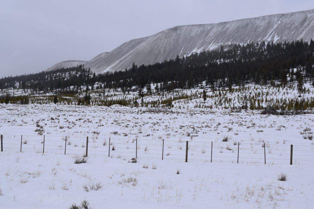 Snow-covered tailings landscape at the former Bethlehem Mine in British Columbia